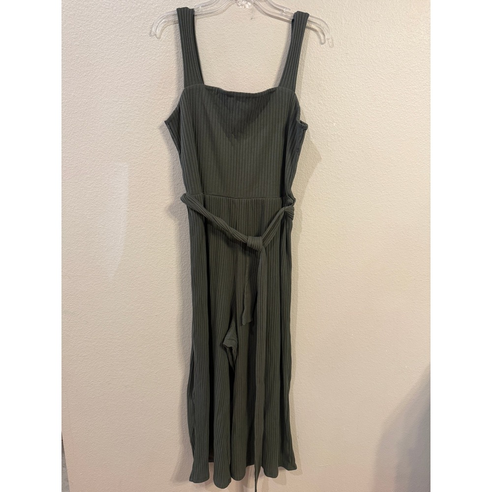 American Eagle Womens XL Olive Green Ribbed Wide Leg Sleeveless Belted Jumpsuit